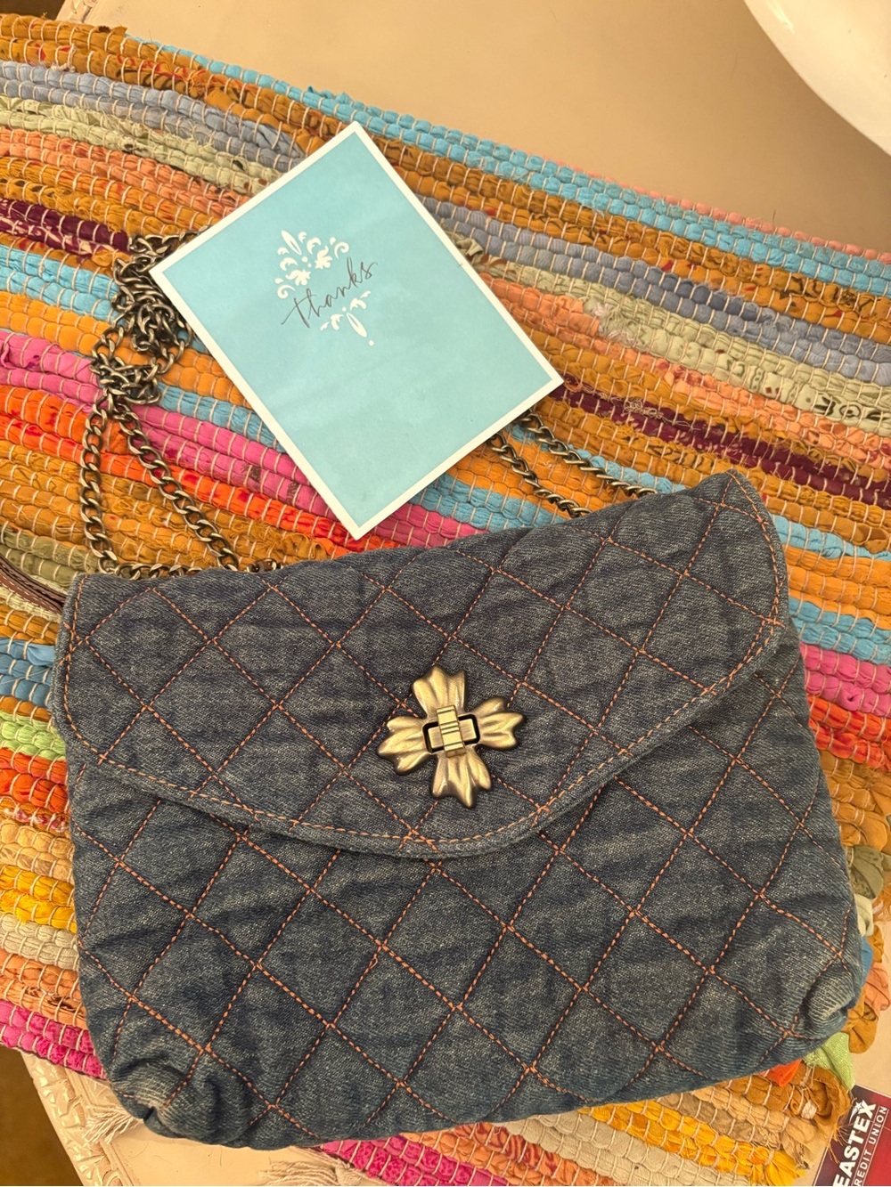 Patricia Nash Quilted Denim Blue Crossbody with Floral Turn-Lock